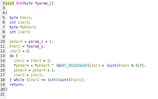 Disassembly of the Qo9 helper that applies the 16-byte XOR key