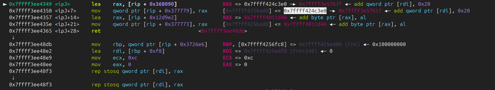 Disassembly showing how Zend spec offsets are consumed